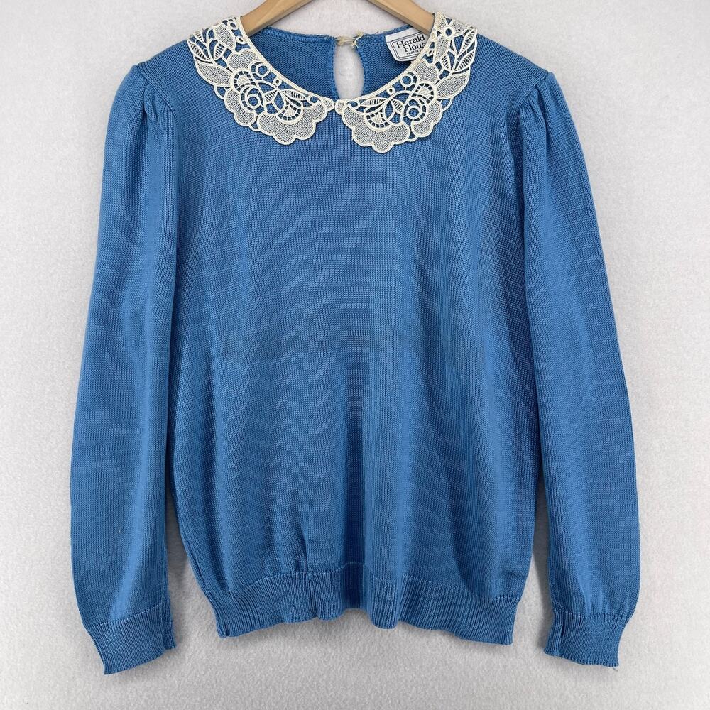 HERALD HOUSE Sweater L Womens Lace Collar Pullover Cottagecore Blue USA VTG